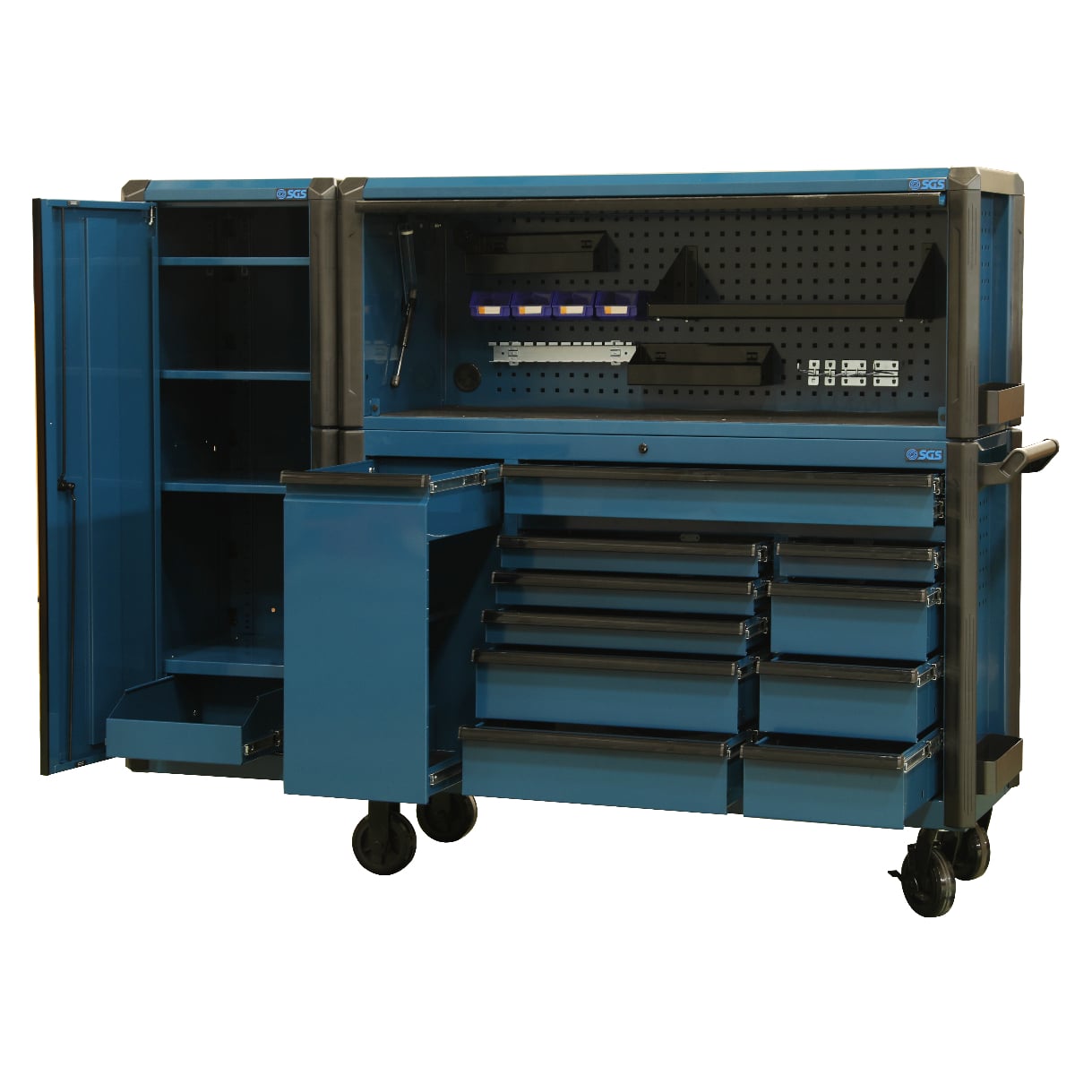 SGS 59in Roller Cabinet with Top Hutch and Side Cabinet- 11 Drawers- Blue